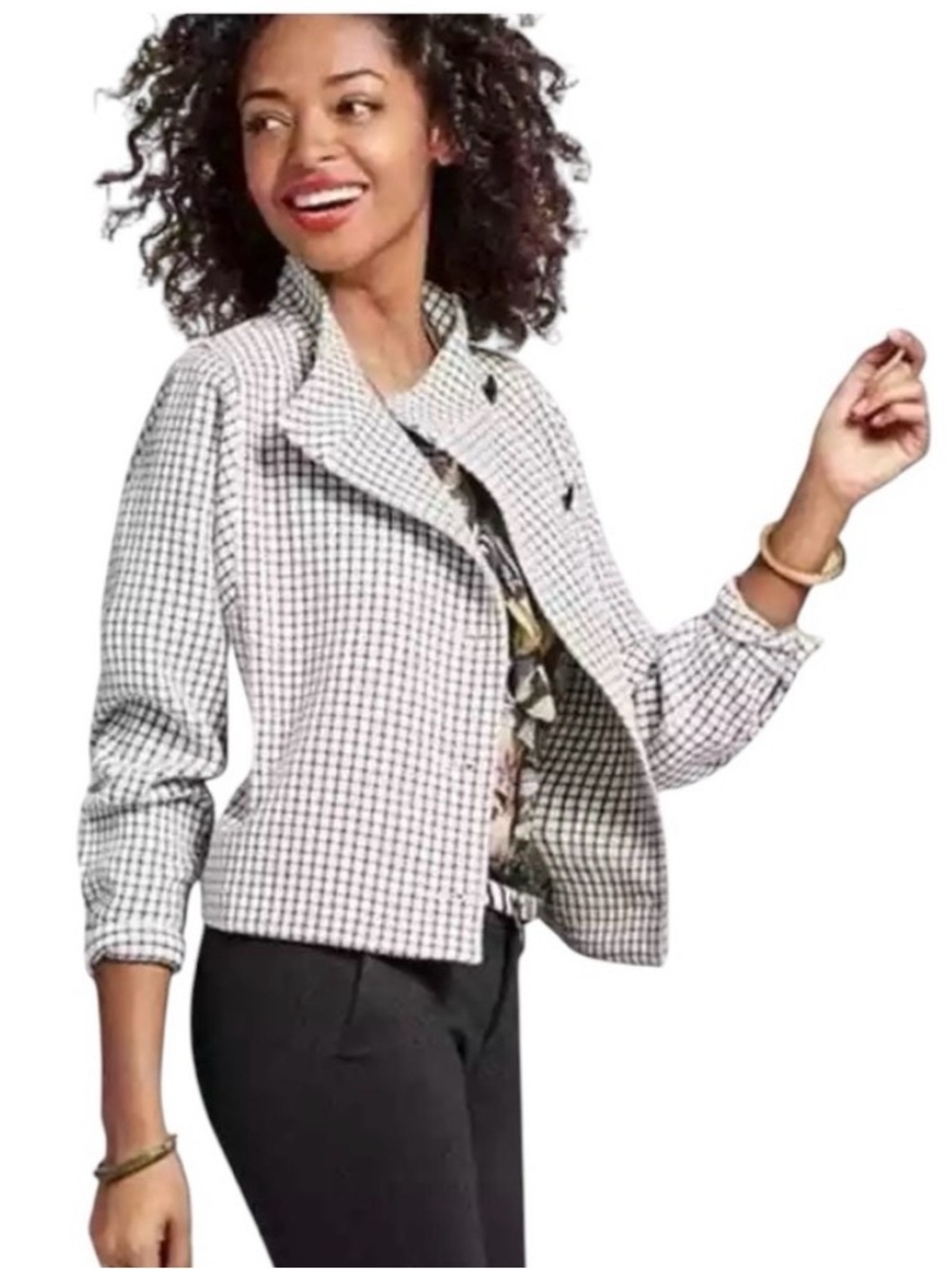 Cabi 3173 Windowpane Jacket Women Size XS Black Funnel Neck 3/4 Sleeves